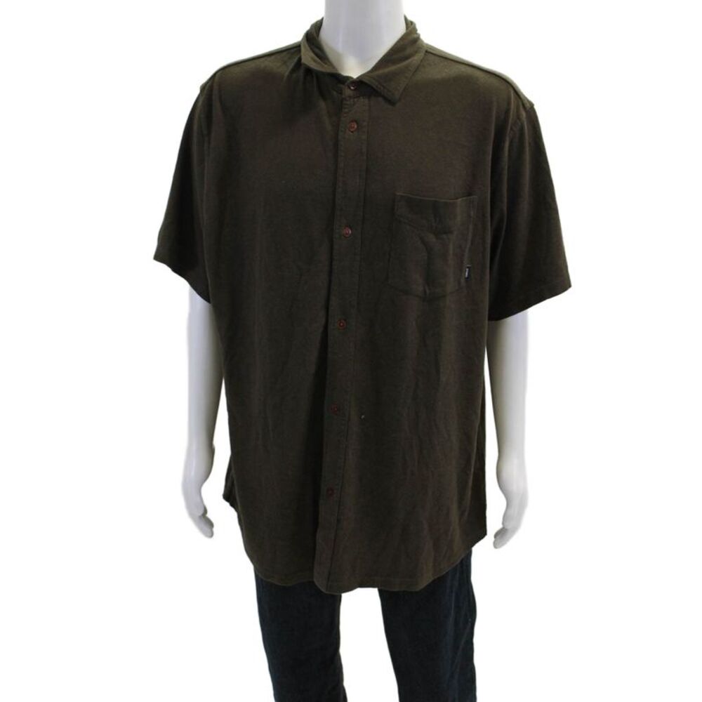 Thrills Mens Hemp Collared Button Front Casual Shirt Forest Green Size L